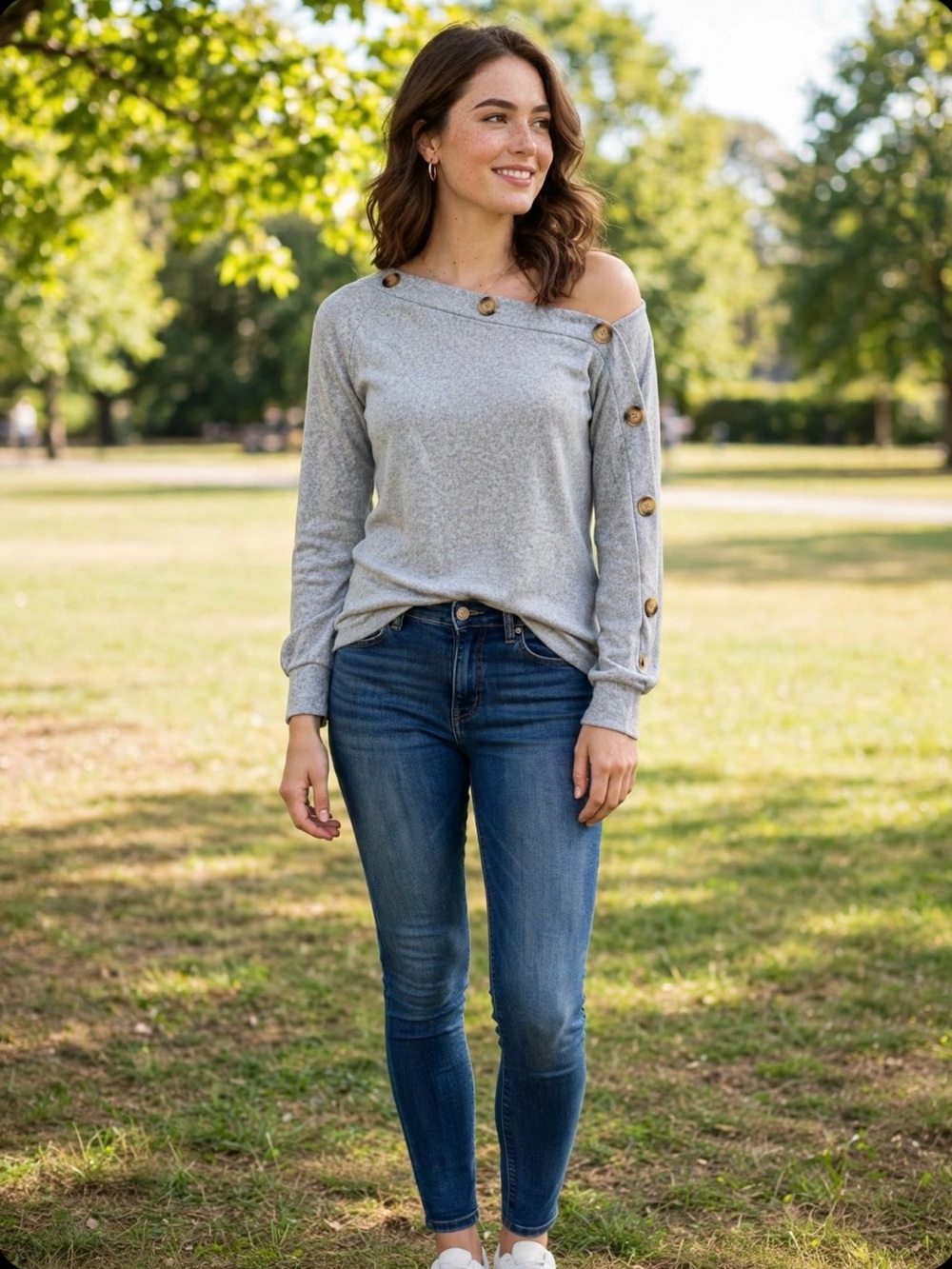 Women’s Off-Shoulder Button-Trim Sweater - Light Gray - Picture 2 of 2